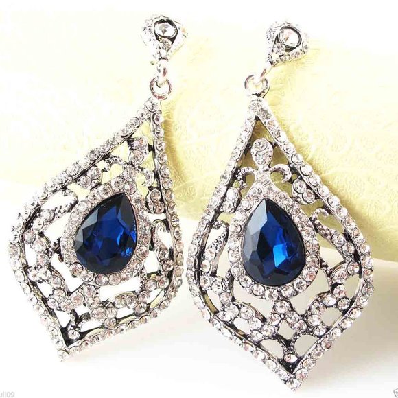 NEW Blue Sapphire White Crystals Vintage Style Bridal Statement Earrings - Picture 2 of 2